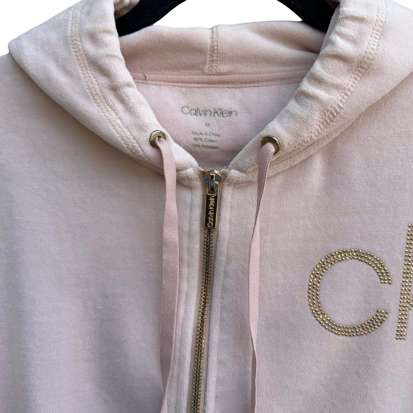 Calvin Klein Y2K McBling Athleisure Pink Velour Zip Up Hoodie Studded CK Logo M