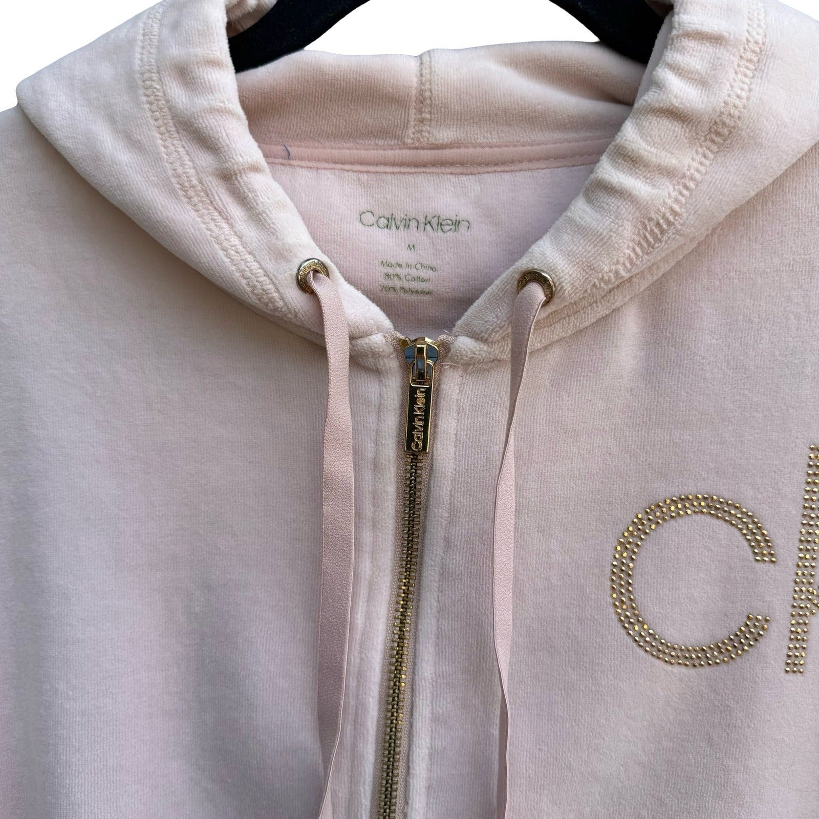 Calvin Klein Y2K McBling Athleisure Pink Velour Zip Up Hoodie Studded CK Logo M