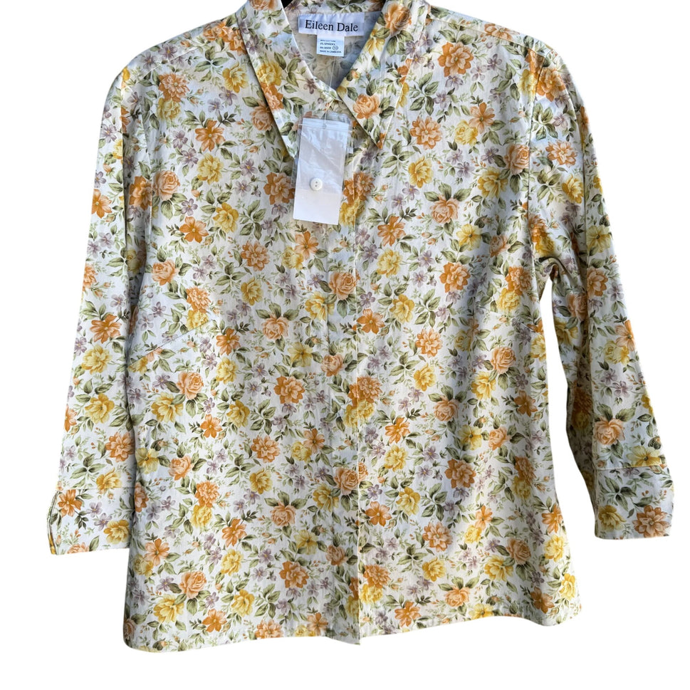 Eileen Dale Vintage New Floral Print 3/4 Sleeve Roll Cuff Stretch Shirt Blouse 10