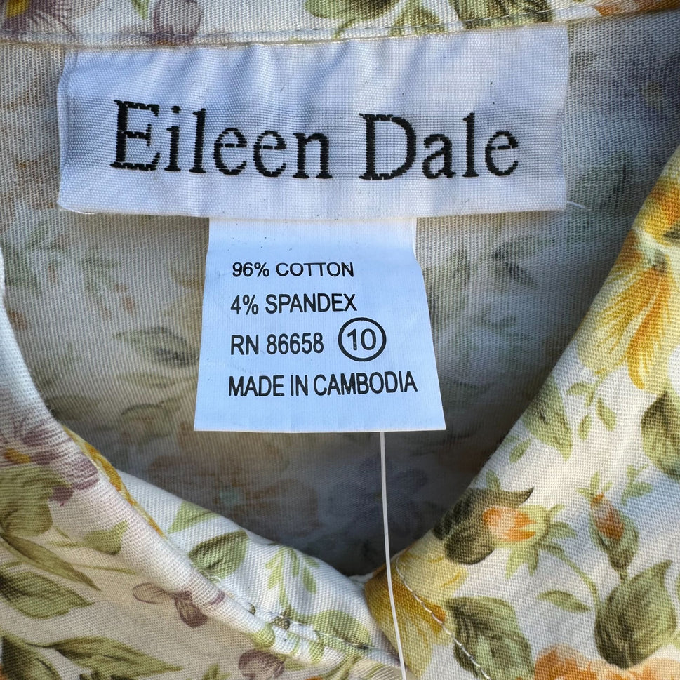 Eileen Dale Vintage New Floral Print 3/4 Sleeve Roll Cuff Stretch Shirt Blouse 10