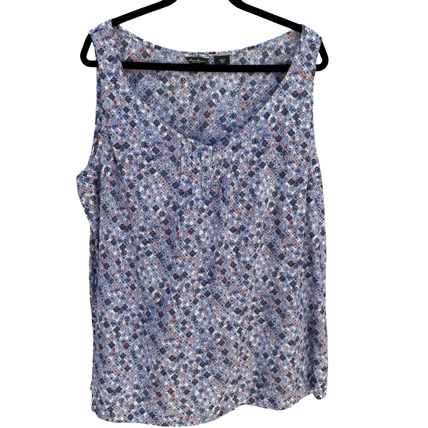 Eddie Bauer Blue Mosaic Boho Floral Cotton Top XXL Sleeveless Coastal Cottage