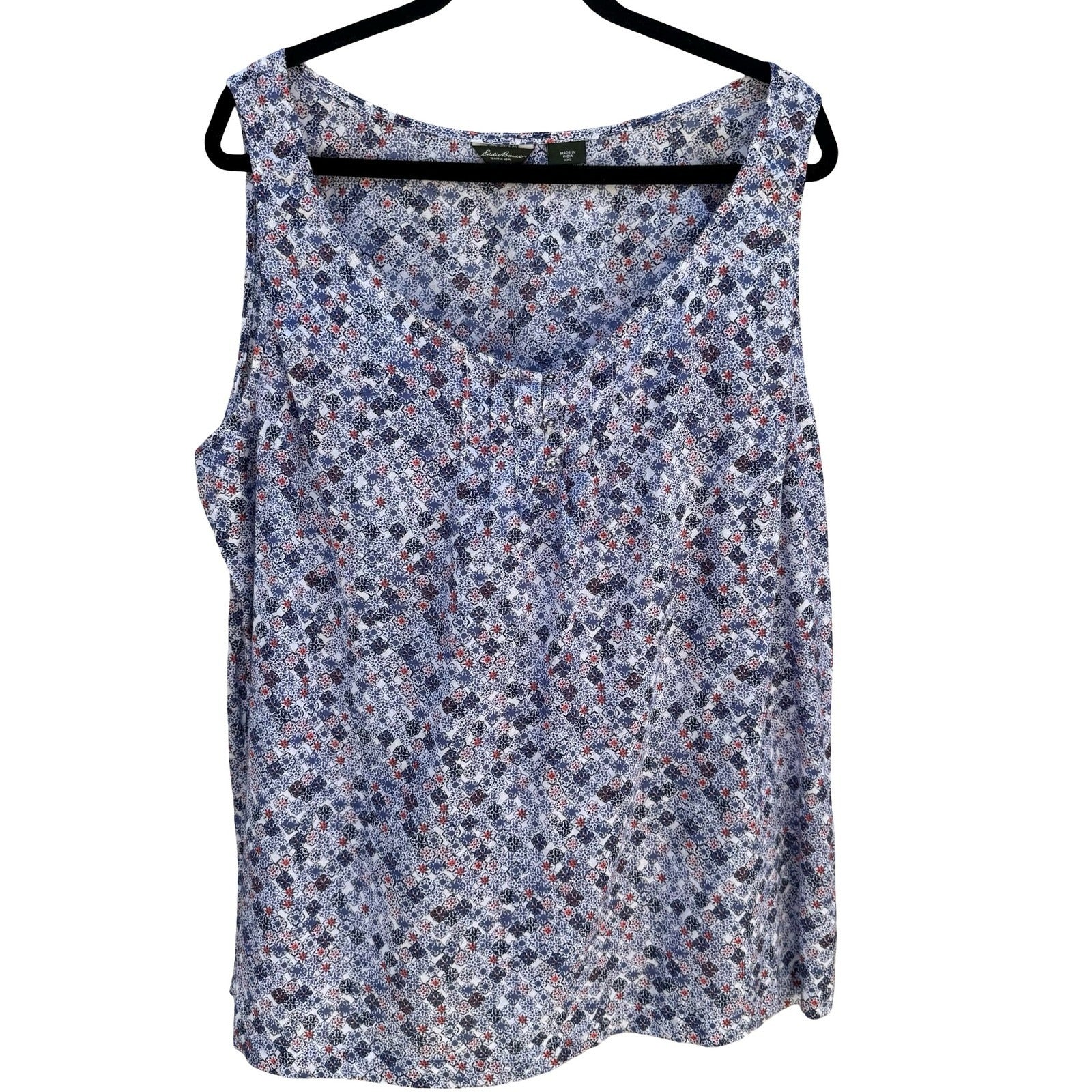 Eddie Bauer Blue Mosaic Boho Floral Cotton Top XXL Sleeveless Coastal Cottage