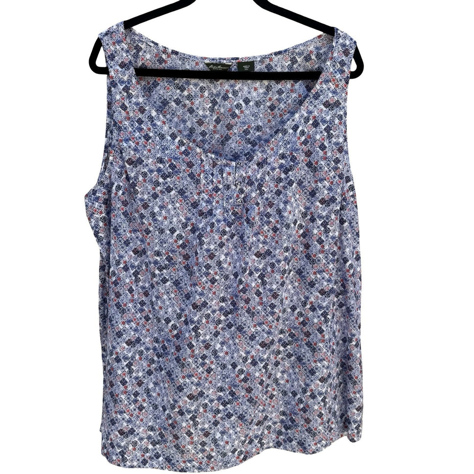 Eddie Bauer Blue Mosaic Boho Floral Cotton Top XXL Sleeveless Coastal Cottage