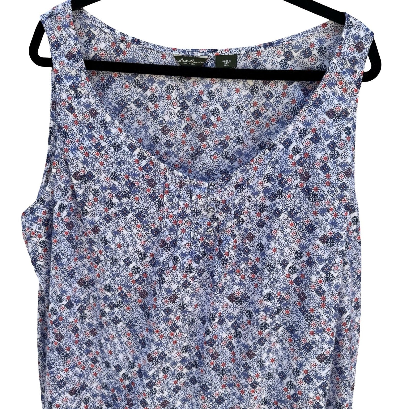 Eddie Bauer Blue Mosaic Boho Floral Cotton Top XXL Sleeveless Coastal Cottage