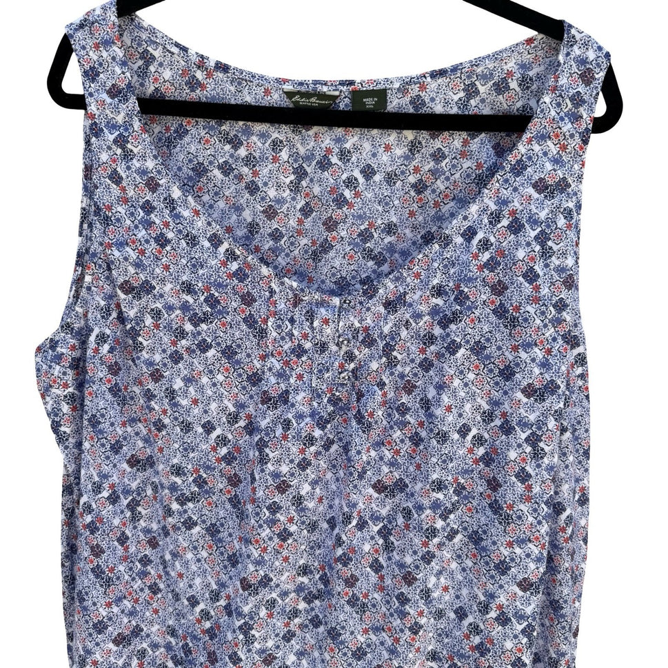 Eddie Bauer Blue Mosaic Boho Floral Cotton Top XXL Sleeveless Coastal Cottage