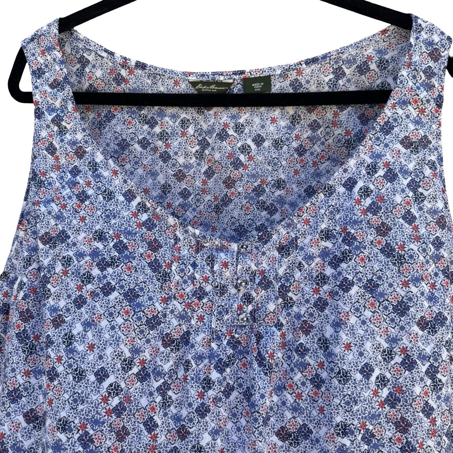 Eddie Bauer Blue Mosaic Boho Floral Cotton Top XXL Sleeveless Coastal Cottage