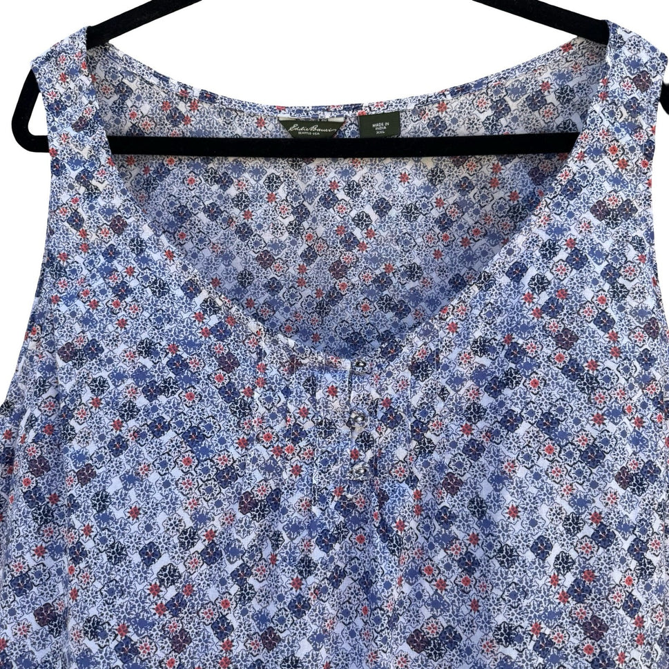Eddie Bauer Blue Mosaic Boho Floral Cotton Top XXL Sleeveless Coastal Cottage