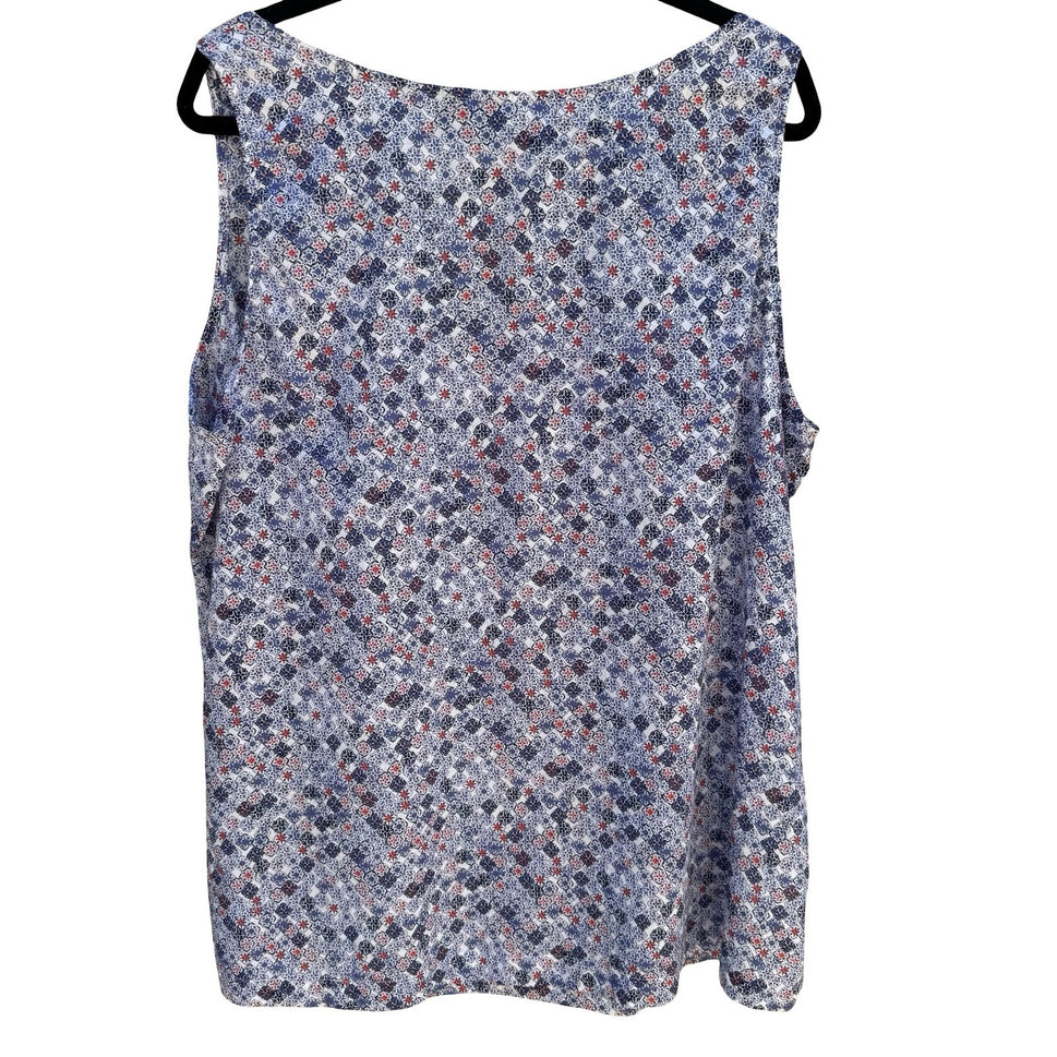 Eddie Bauer Blue Mosaic Boho Floral Cotton Top XXL Sleeveless Coastal Cottage