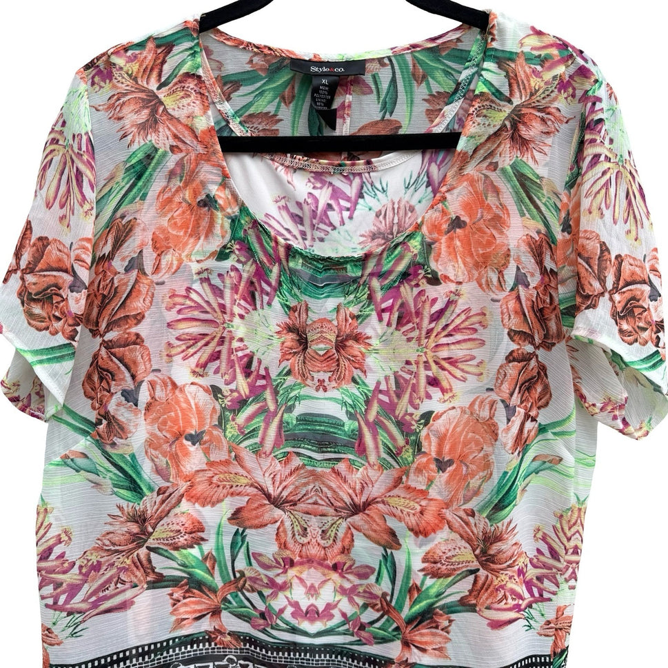 Style & Co Womens XL Floral Geometric Layered Split Back Blouse Eclectic Artsy