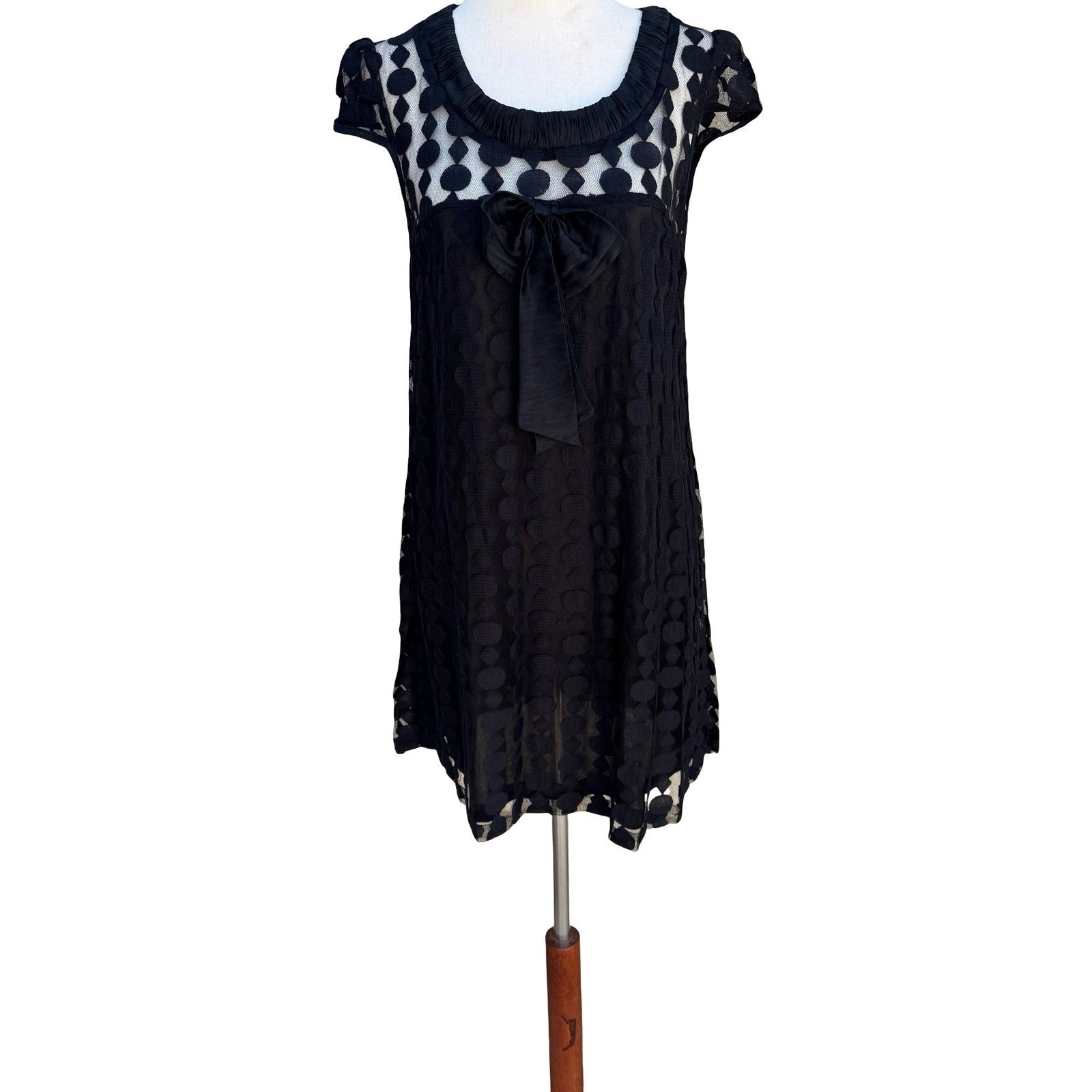 Bloom Black Mesh Geometric Bow Front Cap Sleeve Mini Dress Medium Goth Babydoll