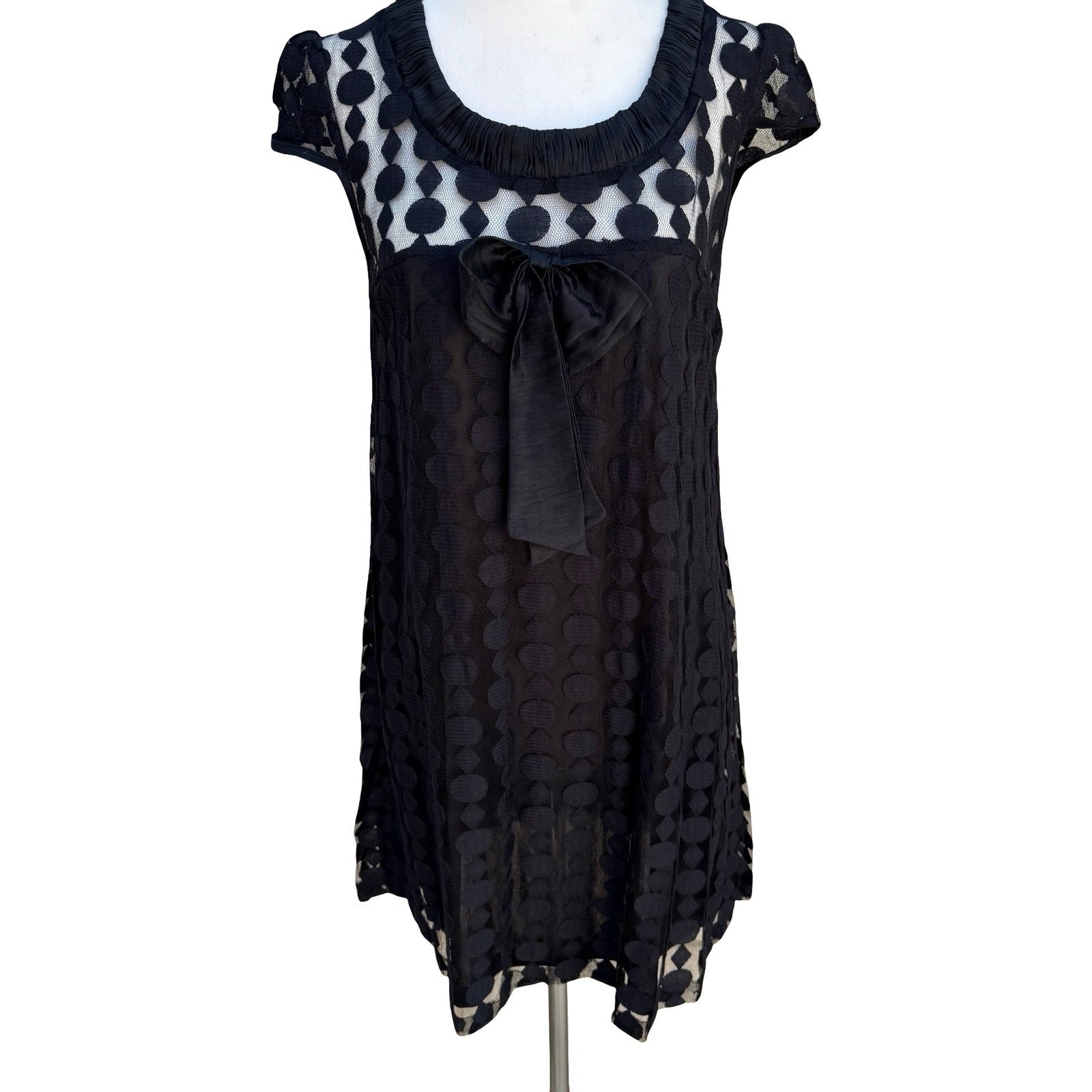 Bloom Black Mesh Geometric Bow Front Cap Sleeve Mini Dress Medium Goth Babydoll