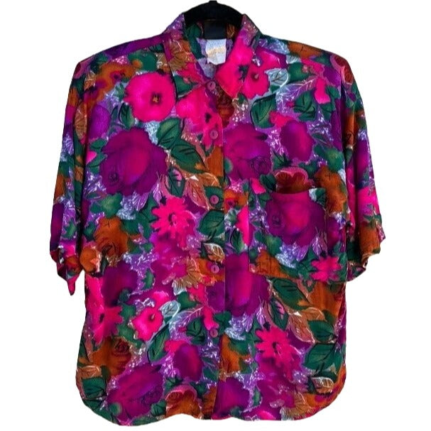 Judy Knapp California Vintage Floral Hawaiian Short Sleeve Women's Shirt Blouse