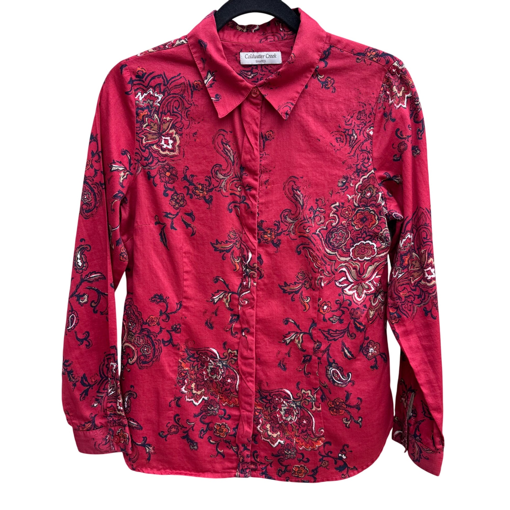 Coldwater Creek Shaped Womens Red Paisley Button-Up Long-Sleeve Shirt Blouse S