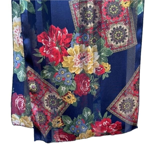 Floral Jewel Tone Blue Rectangle Semi Sheer Machine Sewn Edge Scarf 10" x 52.5"