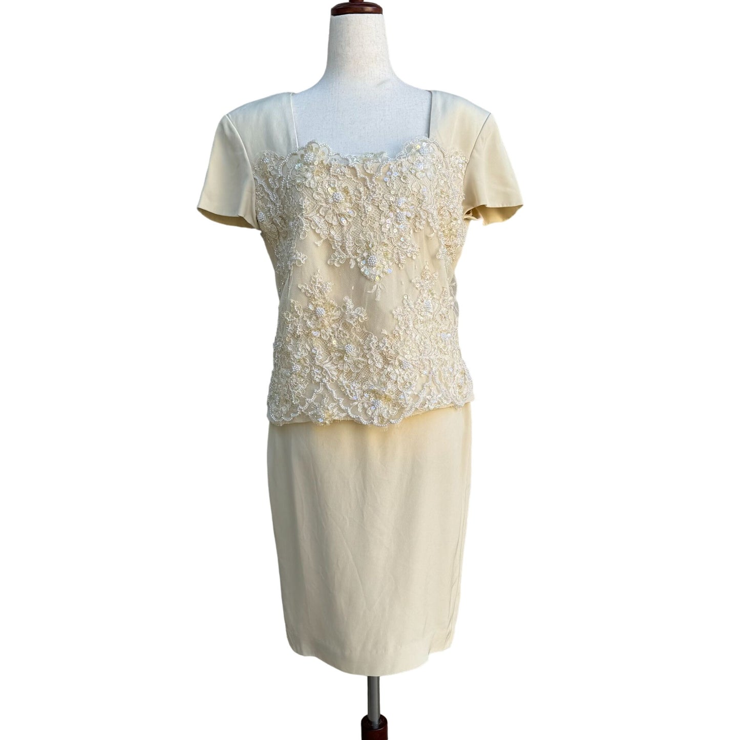 Becky Bisoulis Neiman Marcus Vintage Women's Beaded Lace Cream 3 Piece Dress Set