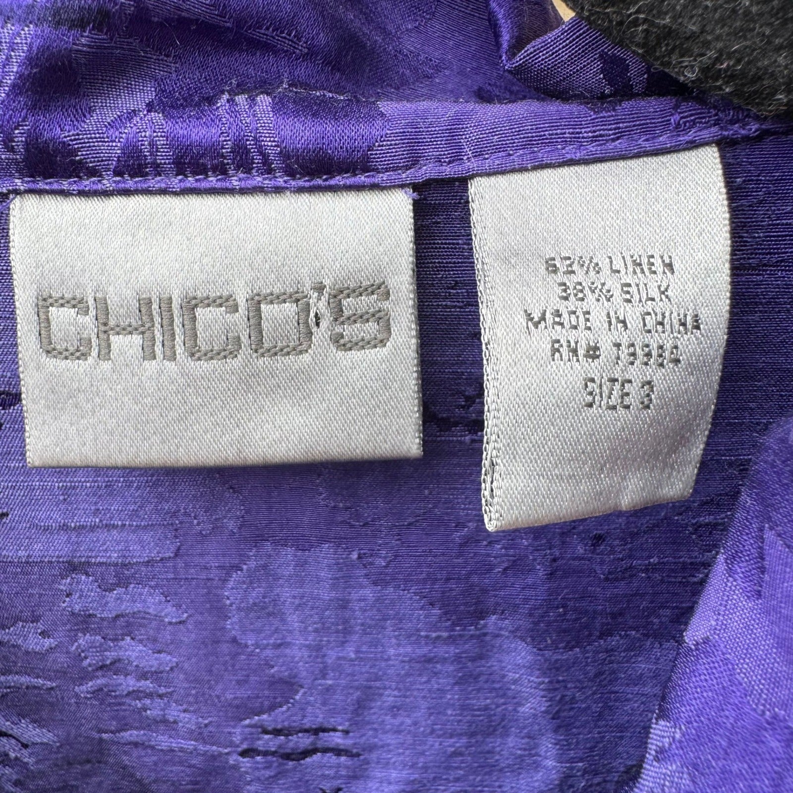 Chicos Linen Silk Coastal Resortwear Boho Art Deco Scenic Print Jacket Purple XL