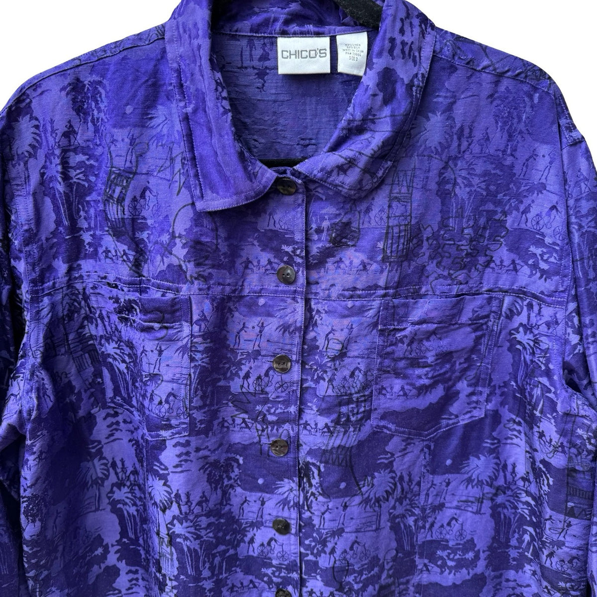 Chicos Linen Silk Coastal Resortwear Boho Art Deco Scenic Print Jacket Purple XL