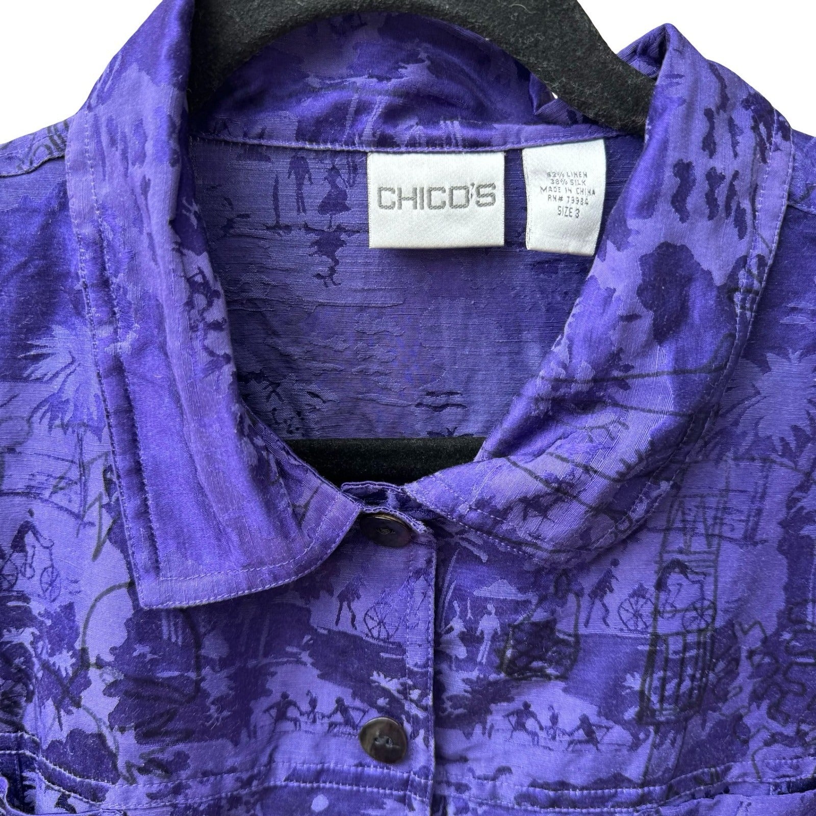 Chicos Linen Silk Coastal Resortwear Boho Art Deco Scenic Print Jacket Purple XL