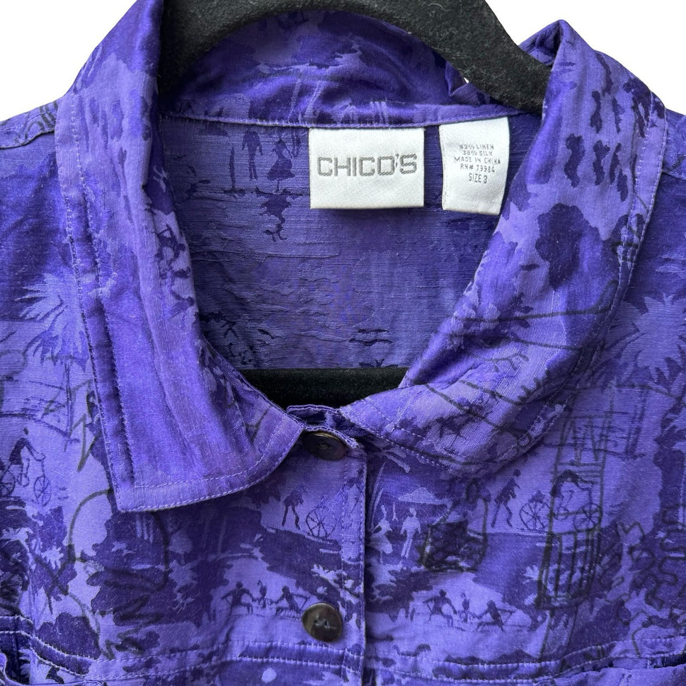 Chicos Linen Silk Coastal Resortwear Boho Art Deco Scenic Print Jacket Purple XL