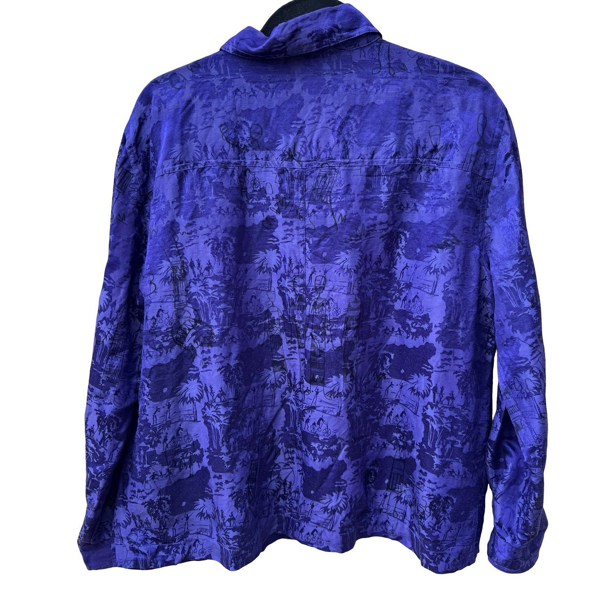 Chicos Linen Silk Coastal Resortwear Boho Art Deco Scenic Print Jacket Purple XL