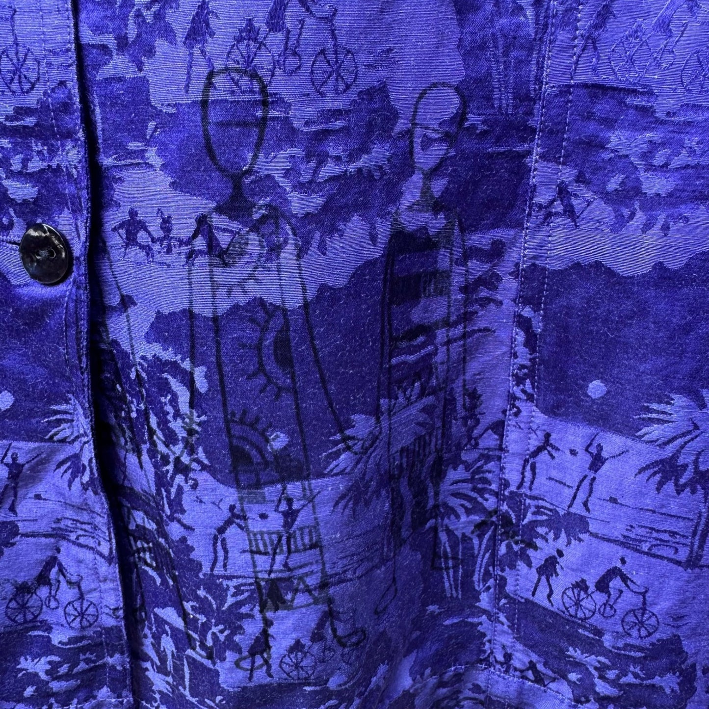 Chicos Linen Silk Coastal Resortwear Boho Art Deco Scenic Print Jacket Purple XL
