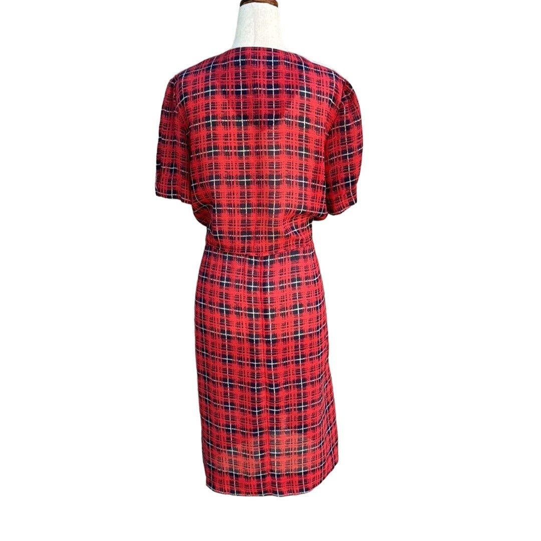 Vintage Women's 70s Red Plaid Semi Sheer White Sailor Collar Puff Sleeve Dress