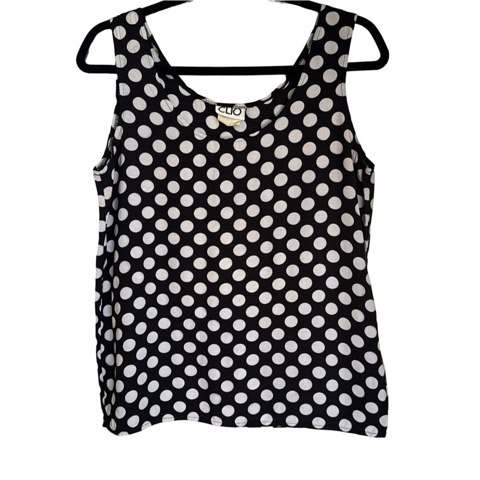 Clio Vintage Women's Black White Polka Dot Lightweight Sleeveless Tank Blouse M