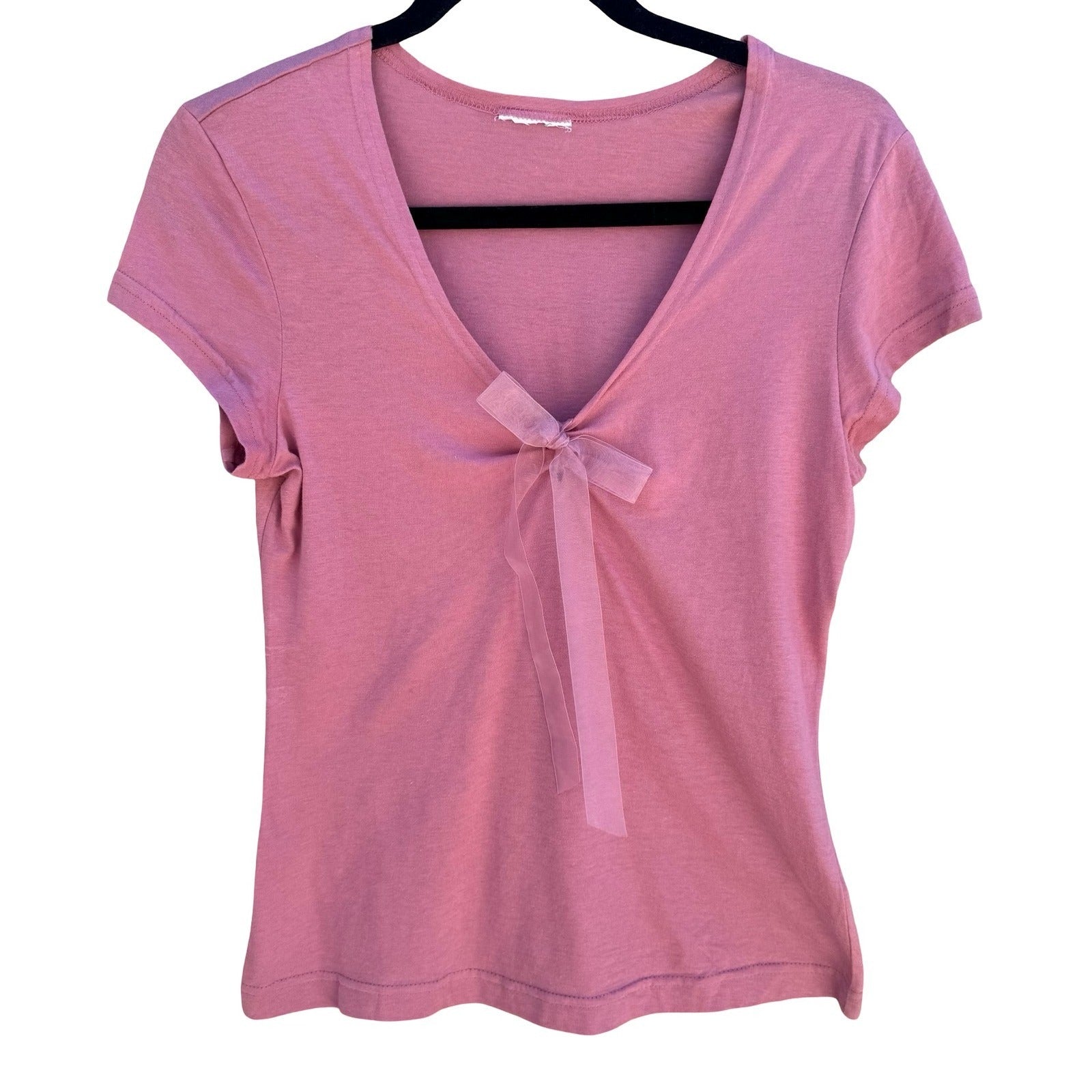 Self Esteem Y2K Rose V-Neck Cap Sleeve Top Bow Slim Fit Coquette Romantic Fairy