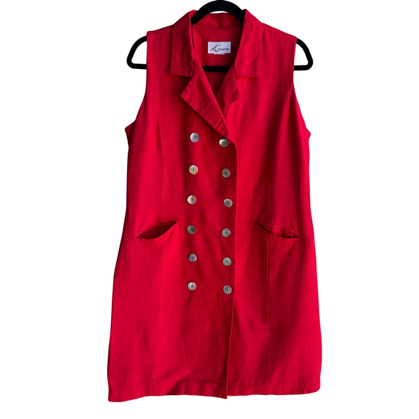 Linane Vintage Red Shell Button Linen Double-Breasted Sleeveless Lined Dress