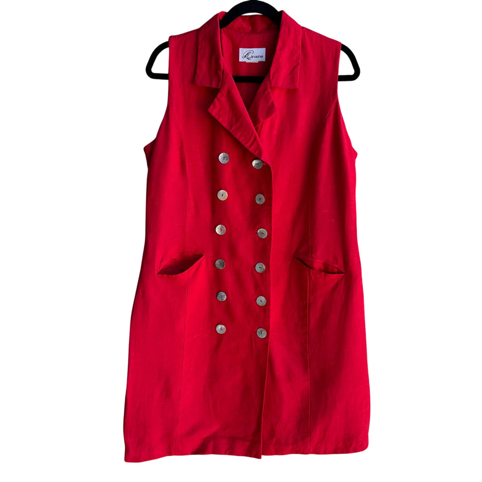 Linane Vintage Red Shell Button Linen Double-Breasted Sleeveless Lined Dress
