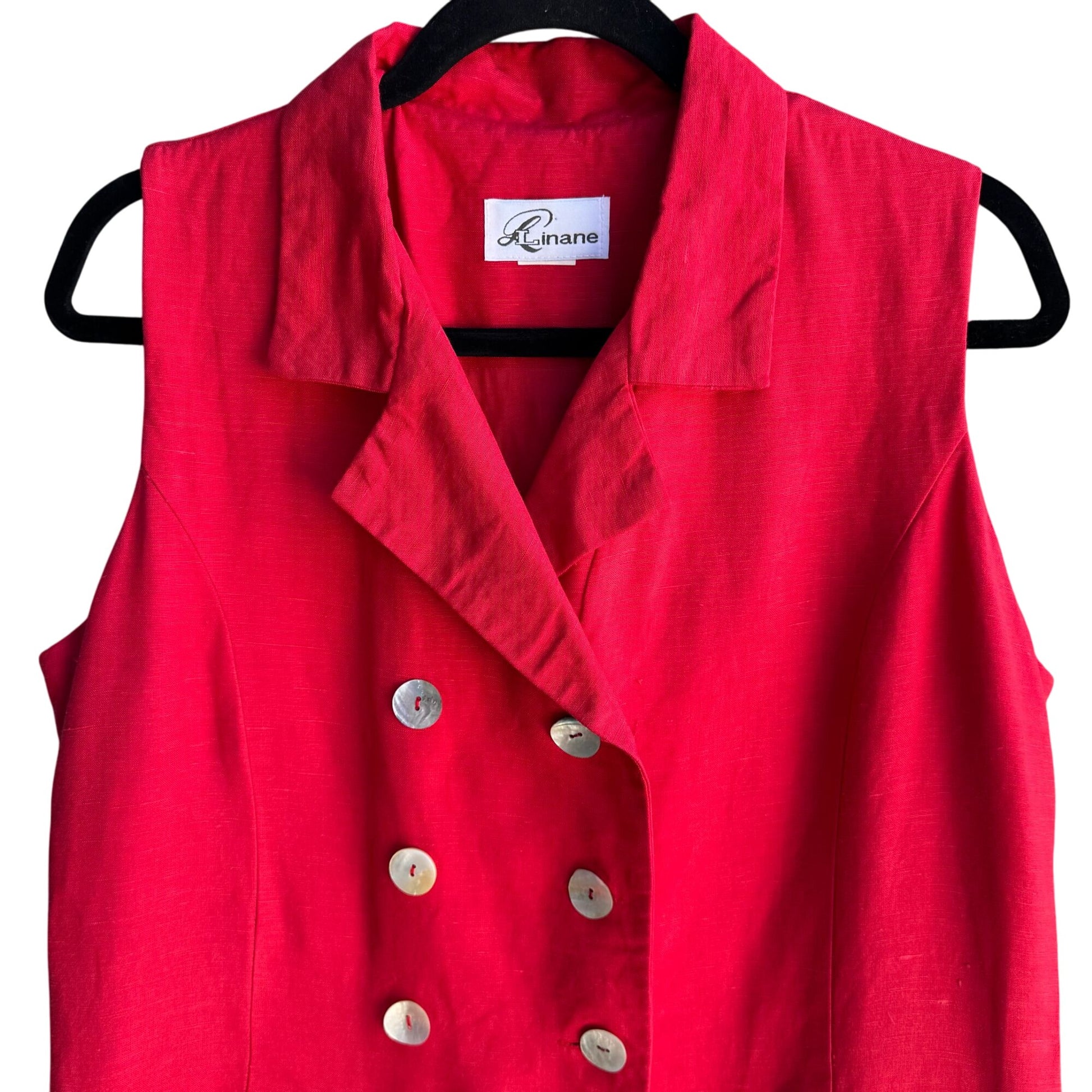 Linane Vintage Red Shell Button Linen Double-Breasted Sleeveless Lined Dress