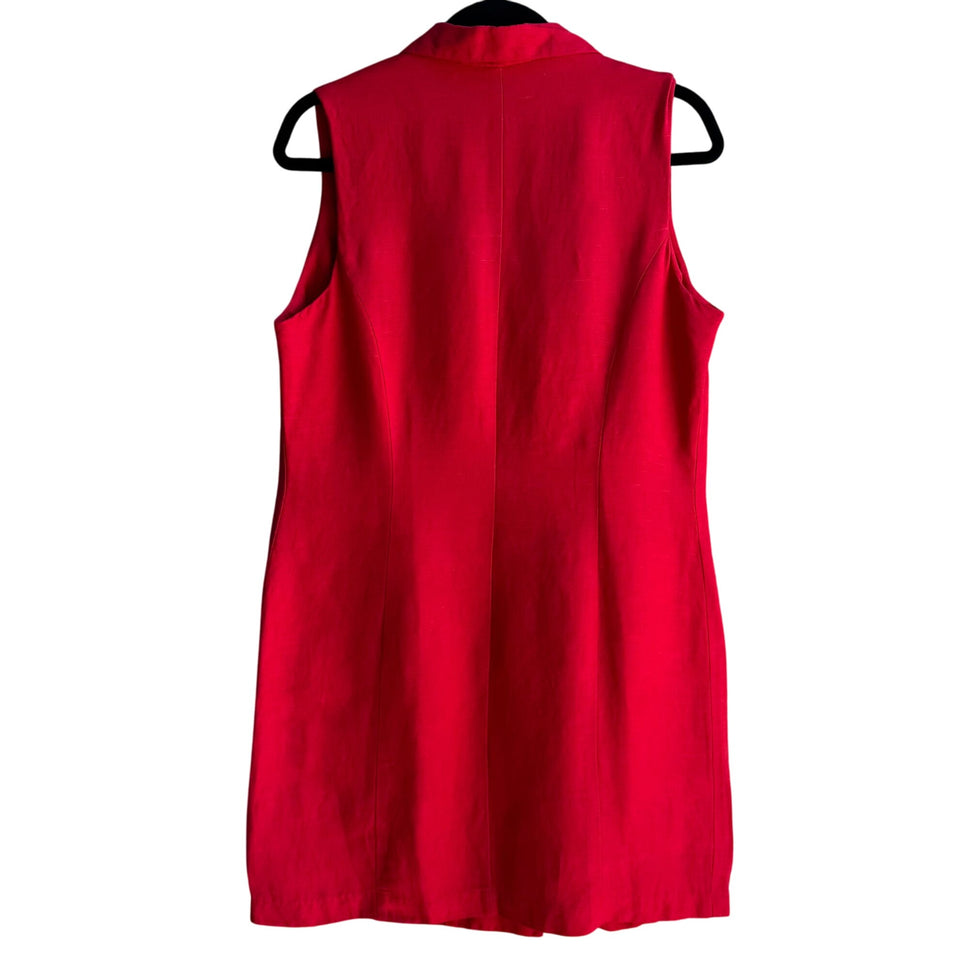 Linane Vintage Red Shell Button Linen Double-Breasted Sleeveless Lined Dress