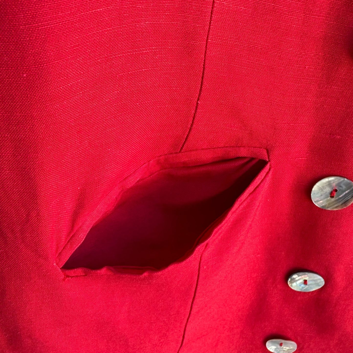 Linane Vintage Red Shell Button Linen Double-Breasted Sleeveless Lined Dress