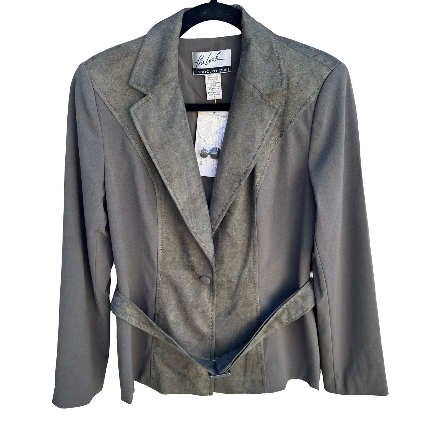 Randolph Duke The Look Olive Green Faux Suede Trim Belted Blazer Jacket 8 NWT