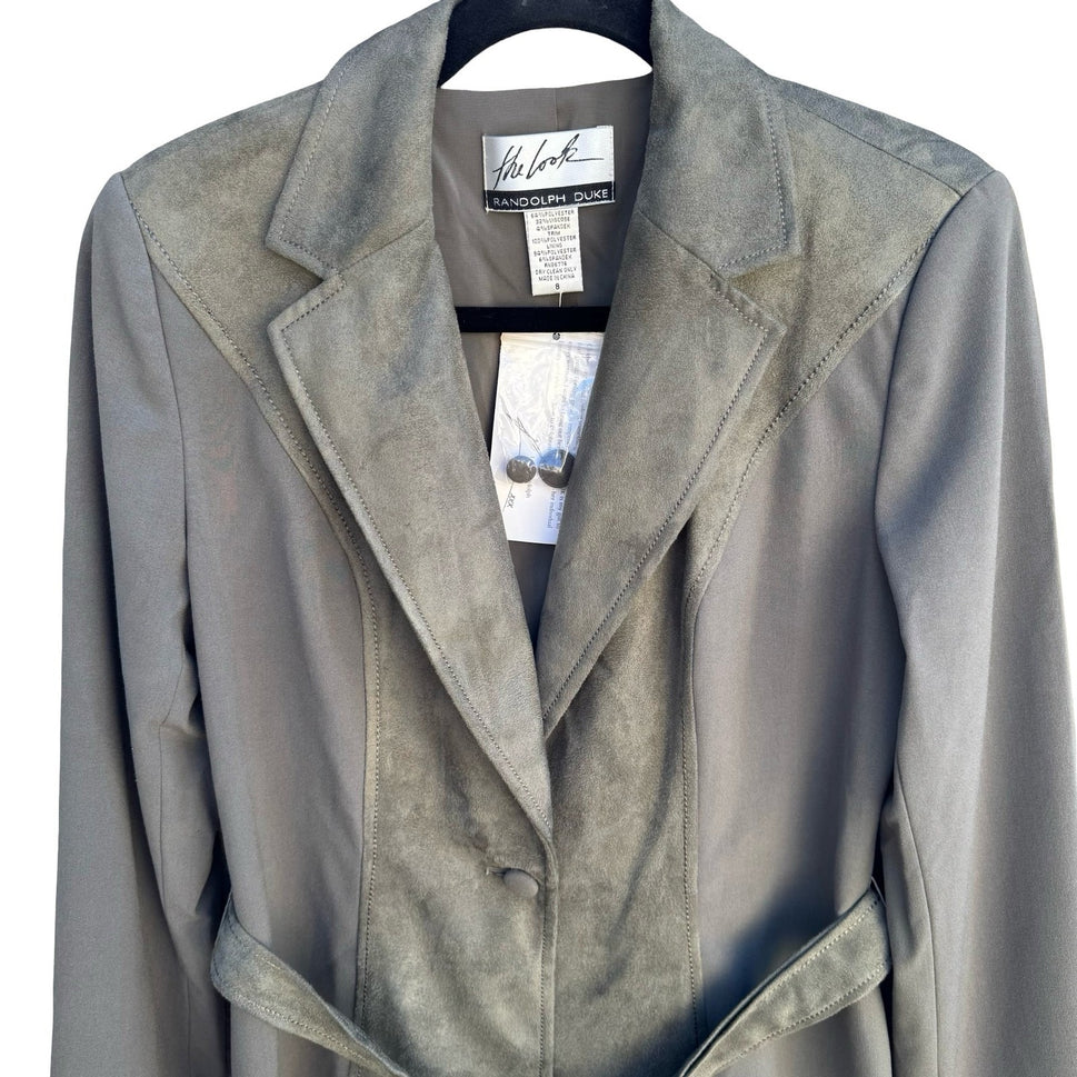 Randolph Duke The Look Olive Green Faux Suede Trim Belted Blazer Jacket 8 NWT