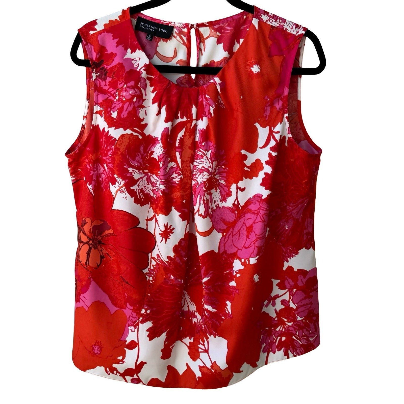Jones New York Collection Red Bold Floral Sleeveless Pleated Feminine Blouse 14