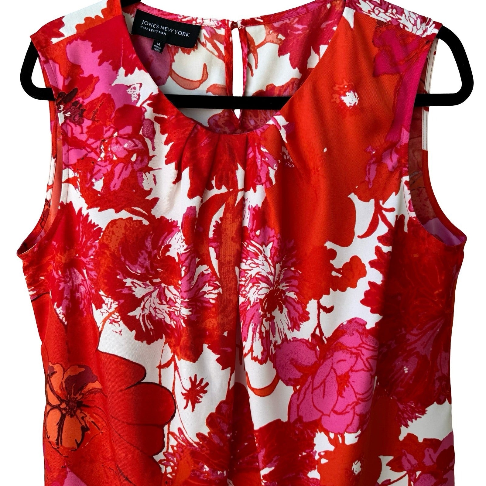 Jones New York Collection Red Bold Floral Sleeveless Pleated Feminine Blouse 14