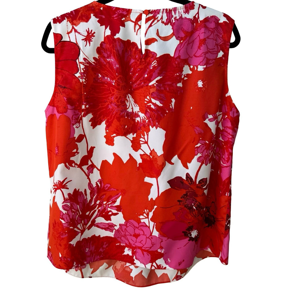 Jones New York Collection Red Bold Floral Sleeveless Pleated Feminine Blouse 14
