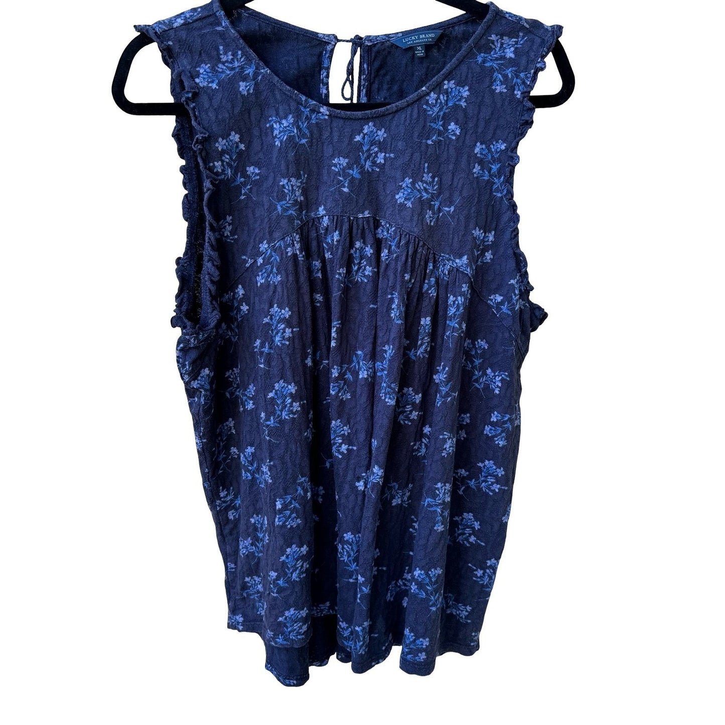 Lucky Brand Floral Sleeveless Boho Ruffle Tie Back Cotton Peasant Top Navy XL