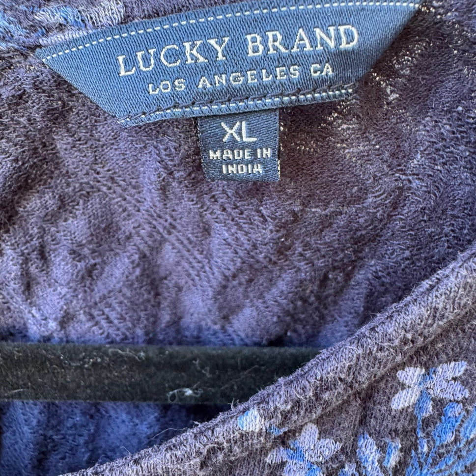 Lucky Brand Floral Sleeveless Boho Ruffle Tie Back Cotton Peasant Top Navy XL