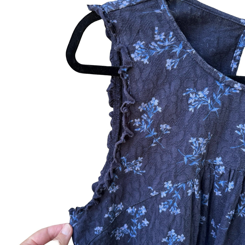 Lucky Brand Floral Sleeveless Boho Ruffle Tie Back Cotton Peasant Top Navy XL