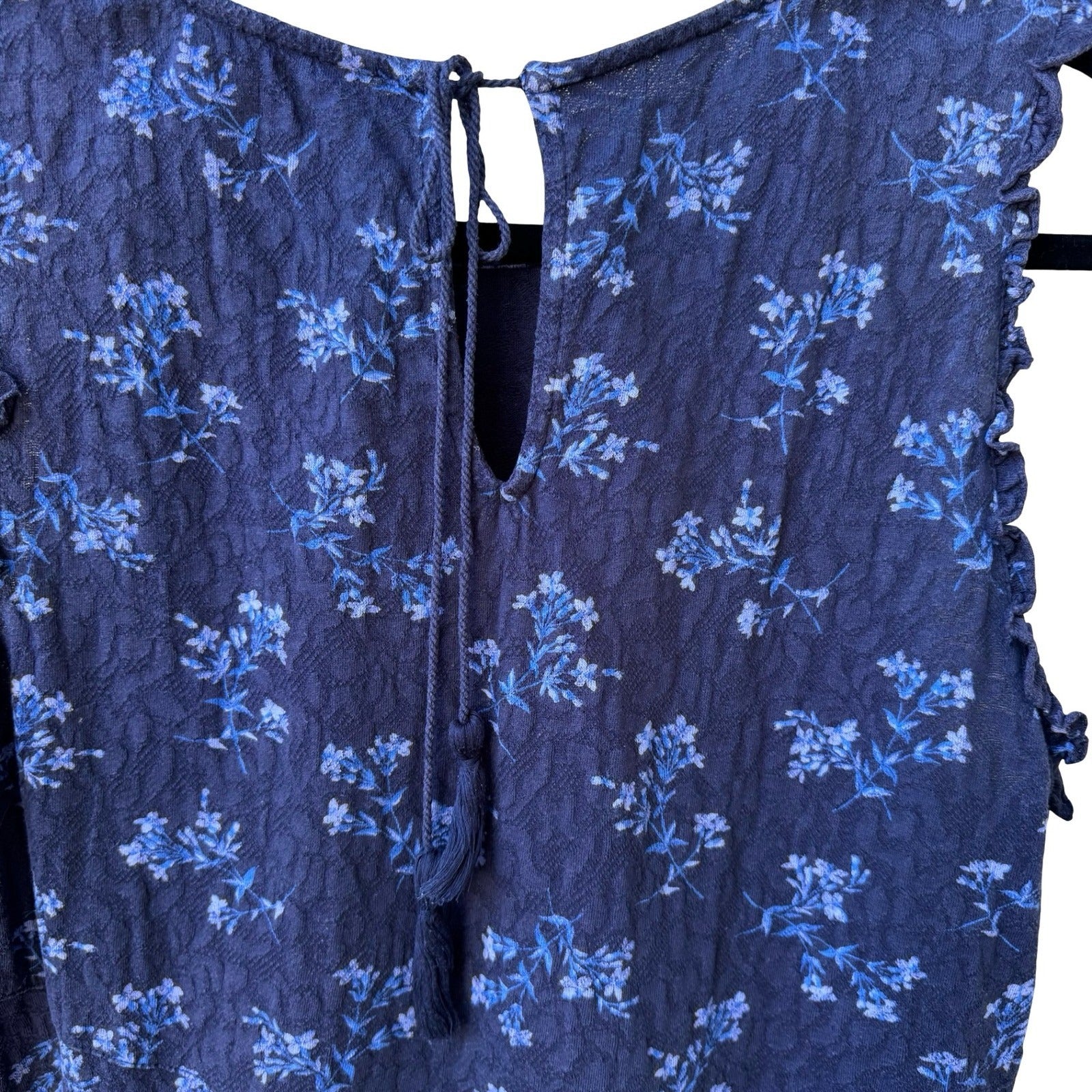 Lucky Brand Floral Sleeveless Boho Ruffle Tie Back Cotton Peasant Top Navy XL