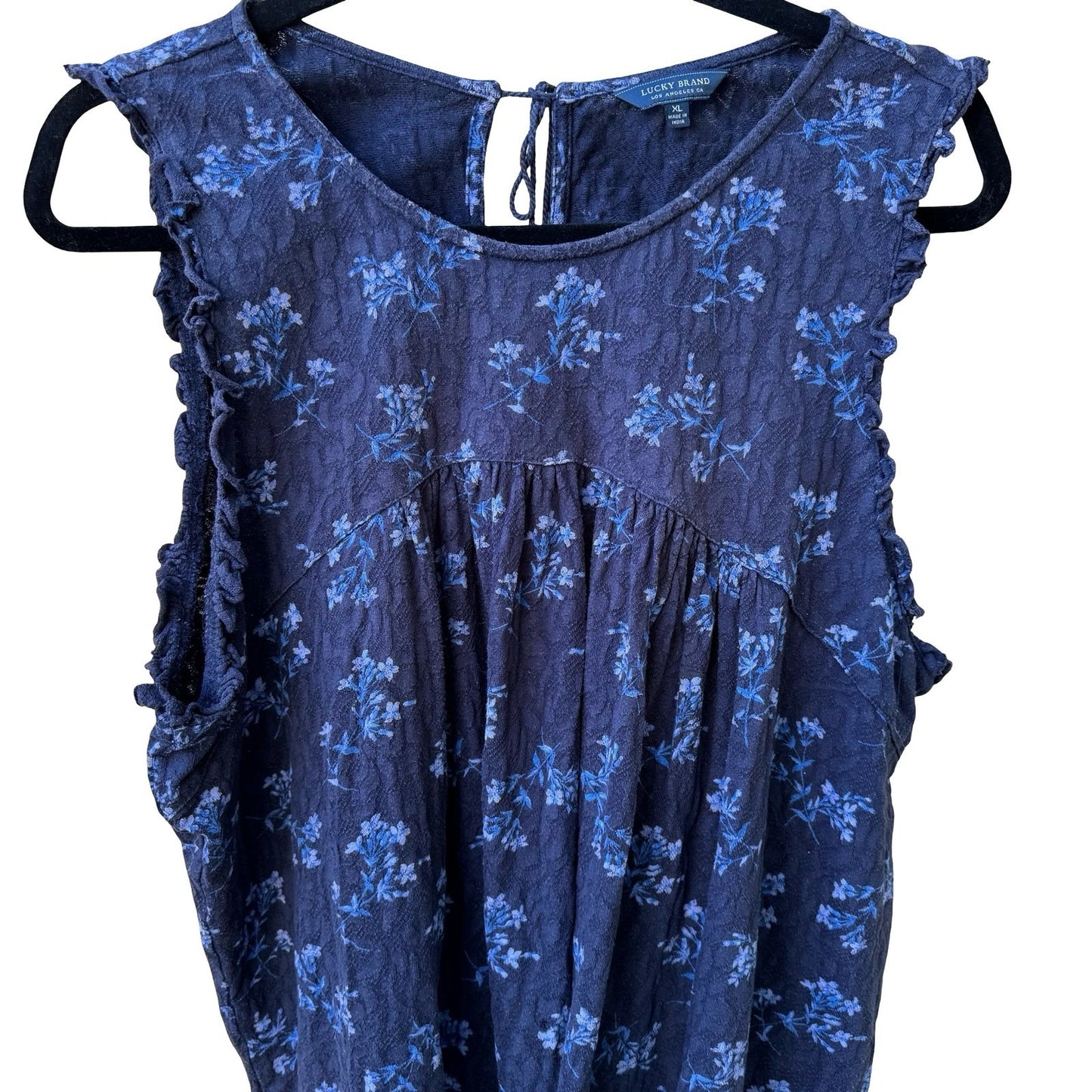 Lucky Brand Floral Sleeveless Boho Ruffle Tie Back Cotton Peasant Top Navy XL