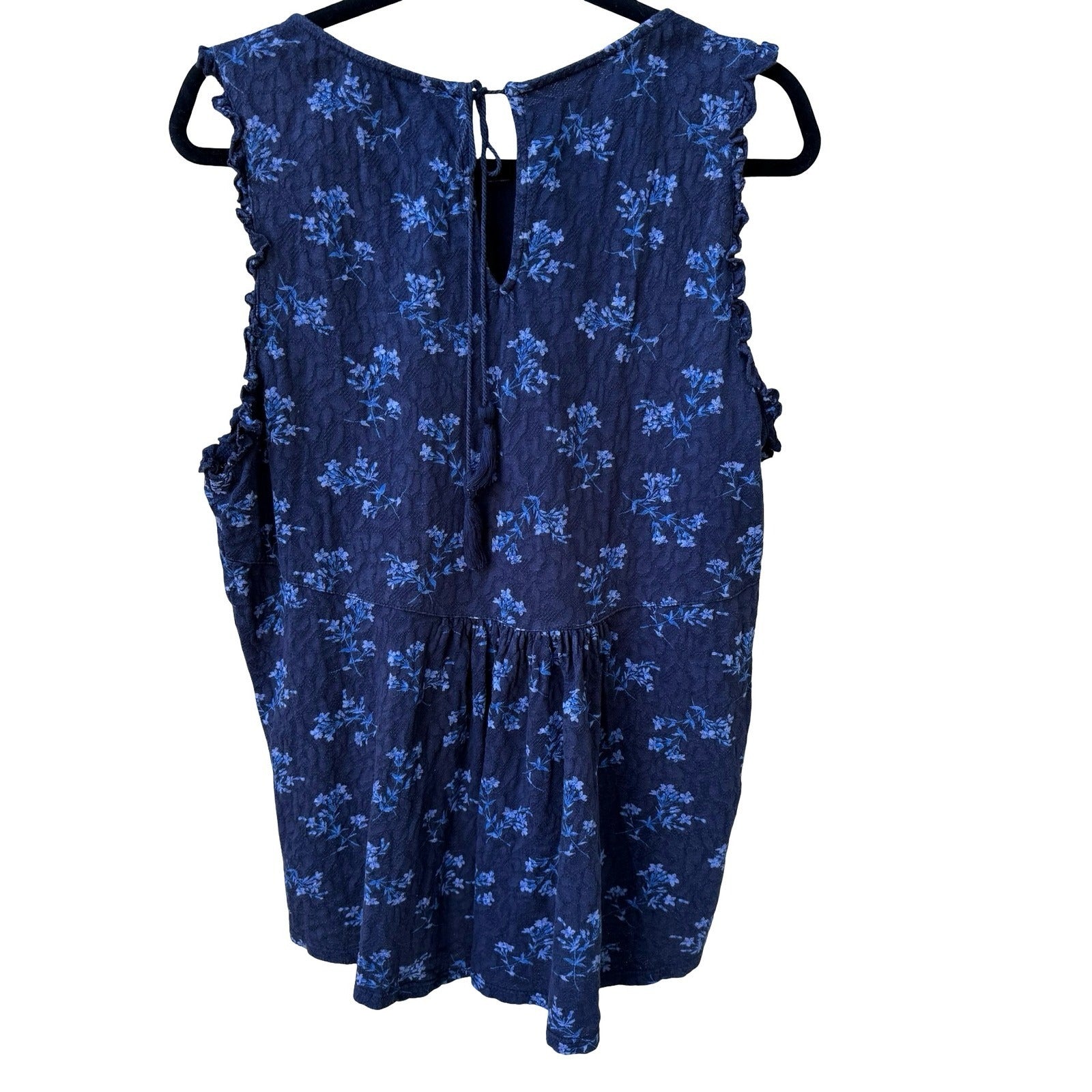 Lucky Brand Floral Sleeveless Boho Ruffle Tie Back Cotton Peasant Top Navy XL