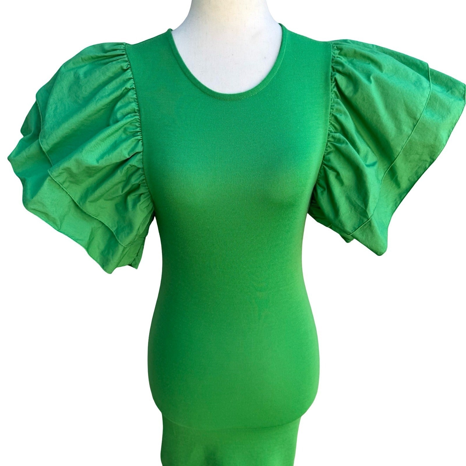 Zara Avant Garde Ruffle Puff Statement Sleeve Cocktail Bodycon Dress Green S