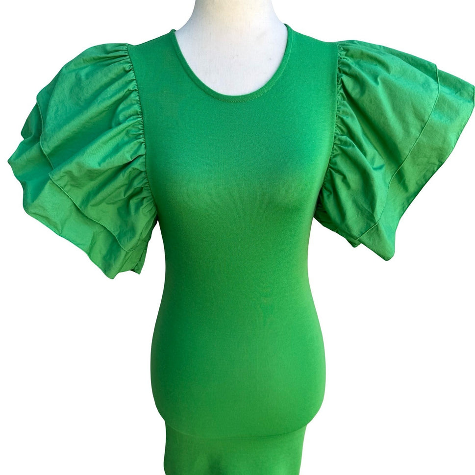 Zara Avant Garde Ruffle Puff Statement Sleeve Cocktail Bodycon Dress Green S
