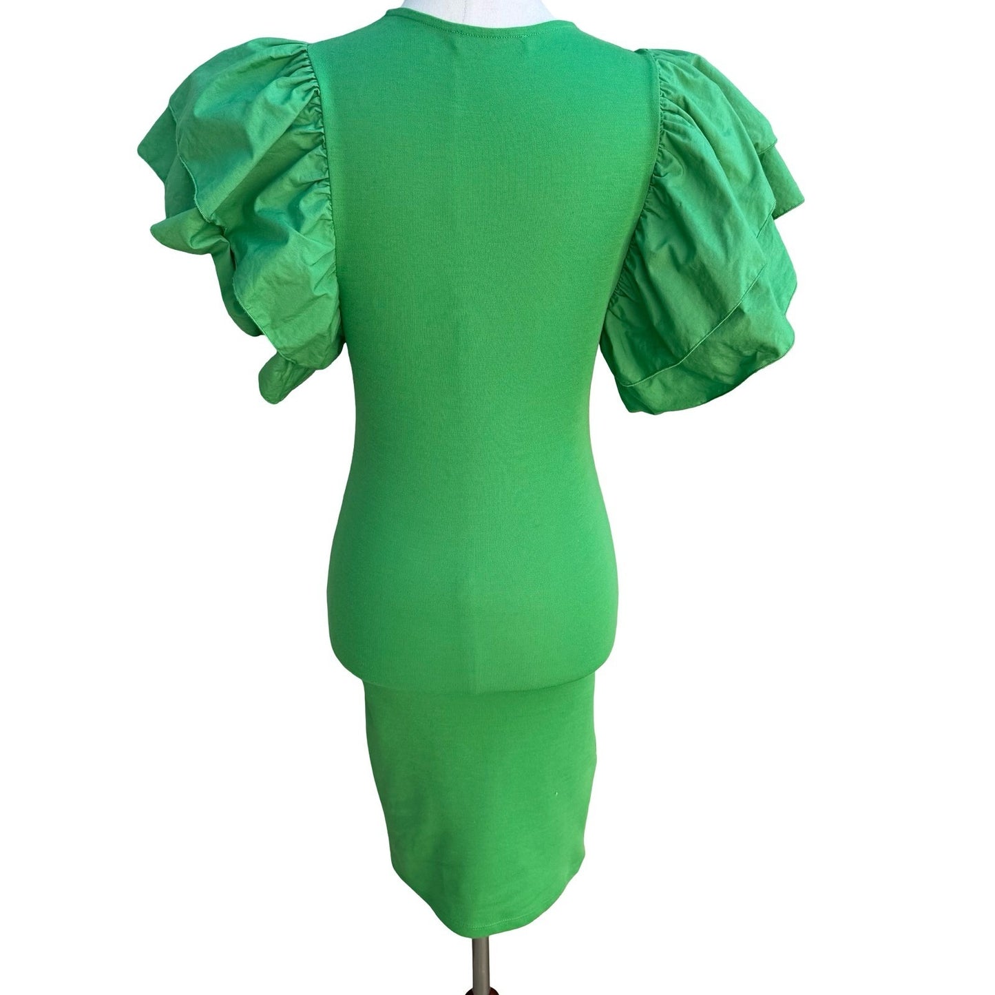 Zara Avant Garde Ruffle Puff Statement Sleeve Cocktail Bodycon Dress Green S