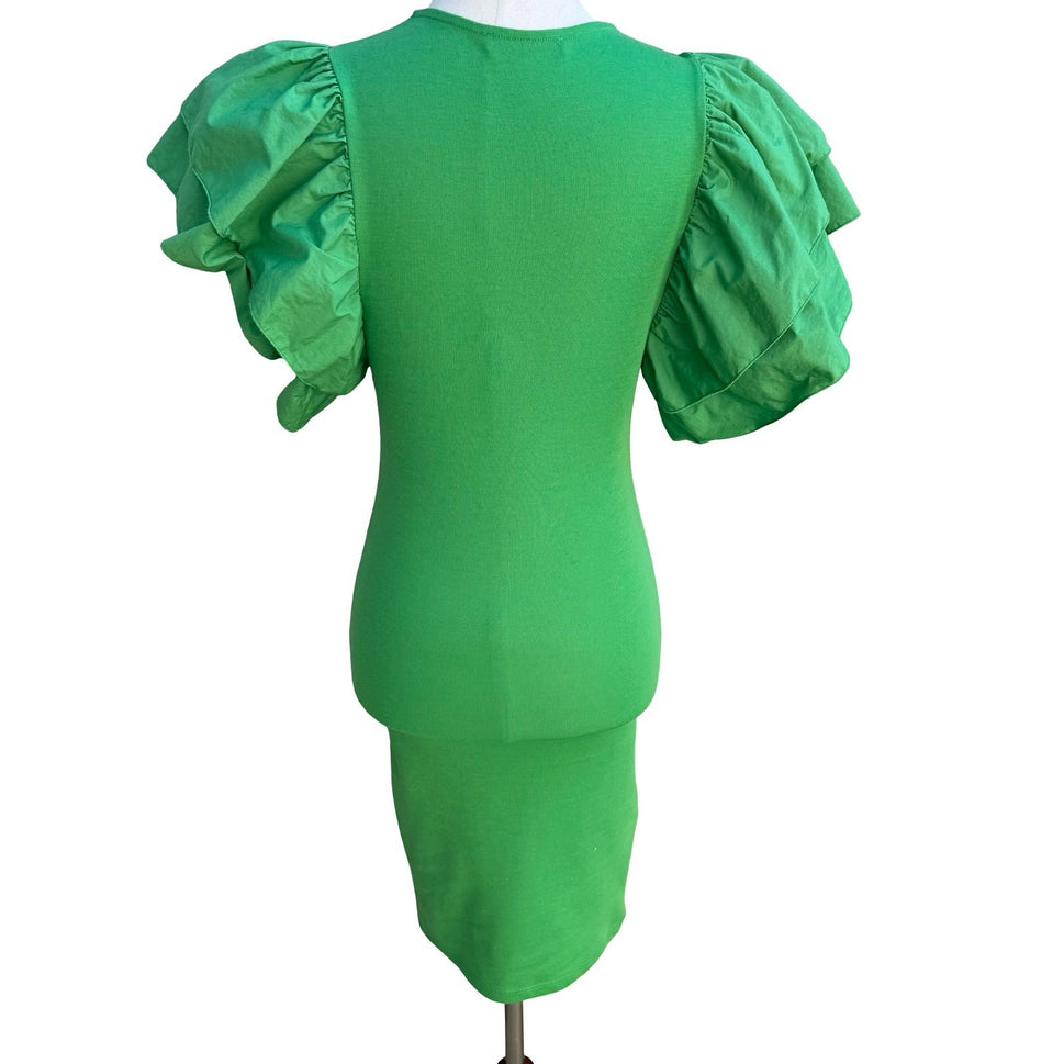 Zara Avant Garde Ruffle Puff Statement Sleeve Cocktail Bodycon Dress Green S