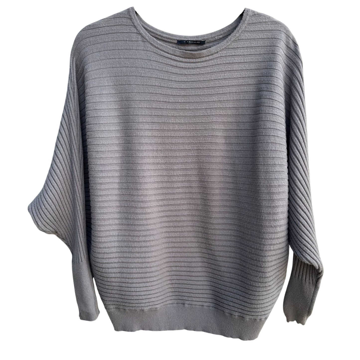 T Tahari Womens Ribbed Gray Minimalist Dolman Long Sleeve Knit Cozy Sweater L