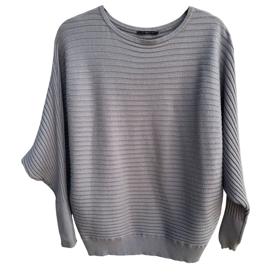 T Tahari Womens Ribbed Gray Minimalist Dolman Long Sleeve Knit Cozy Sweater L